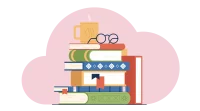 Illustration von einem Stapel Schulbücher mit einer Brille und einer Tasse