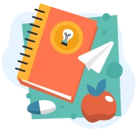 Illustration von einem Schulbuch, einem Radiergummi, einem Apfel und einem Papierflieger