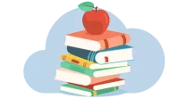 Illustration von einem Stapel Schulbücher und einem Apfel